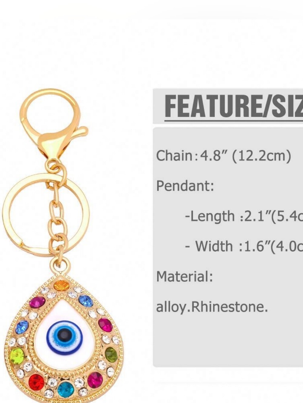Gold Teardrop Evil Eye Keychain with Multicolor Rhinestones